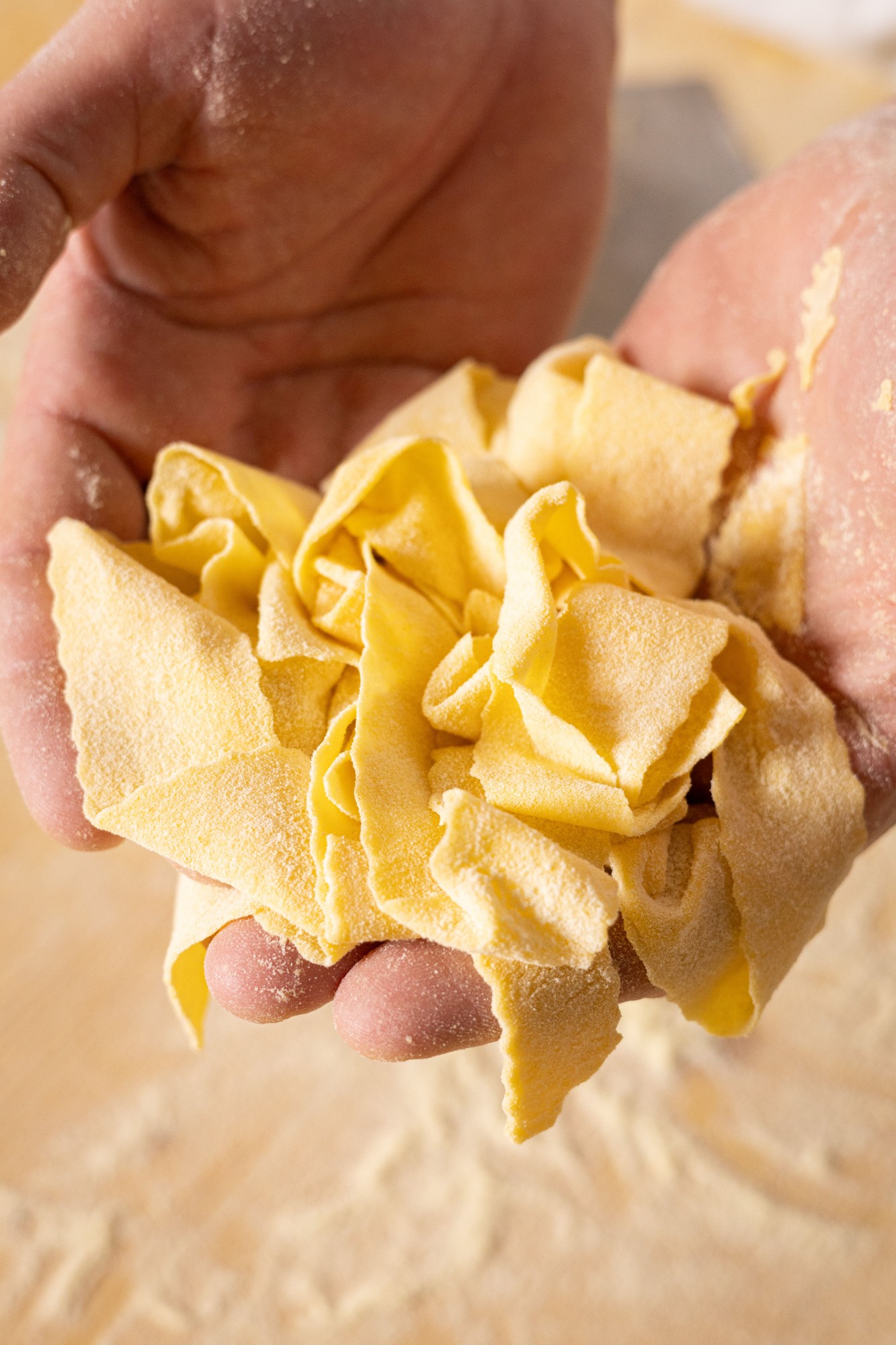 Hands holding fresh handmade pasta ribbons